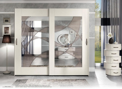 Luxury wardrobe with sliding doors, bedroom cupboard, wooden cabinets, modern